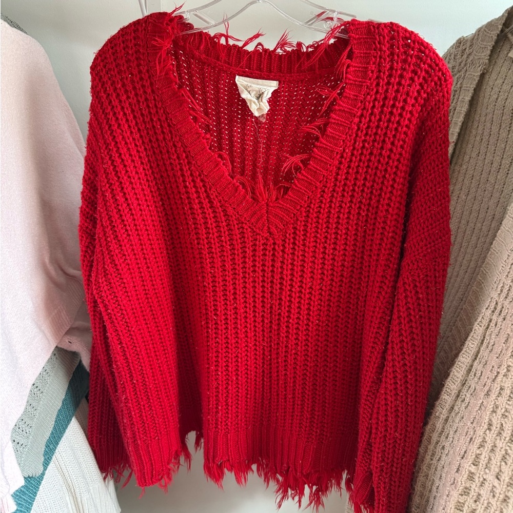 Fantastic Fawn Red Frayed V-Neck Sweater